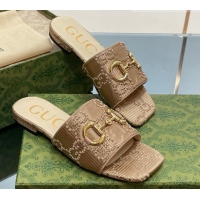 Big Discount Gucci Horsebit GG Fabric Flat Slide Sandals Beige 901089