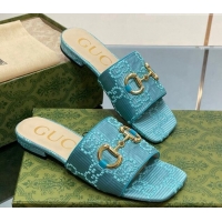 Charming Gucci Horsebit GG Fabric Flat Slide Sandals Light Blue 901090