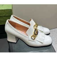 Luxury Gucci Shiny Leather Loafers with Chain GG and Fringe White 901092