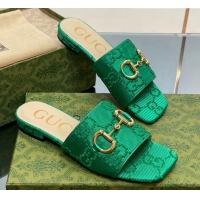 Luxury Cheap Gucci Horsebit GG Fabric Flat Slide Sandals Green 901091