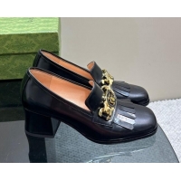 Hot Style Gucci Leather Loafers with Chain GG and Fringe Black 901094