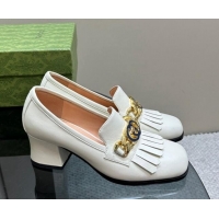 1:1 aaaaa Gucci Leather Loafers with Chain GG and Fringe White 901097