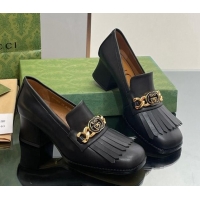 Unique Discount Gucci Calfskin Leather Loafers with Chain GG and Fringe Black 901099