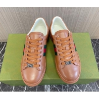 Top Design Gucci Ace Leather Sneakers with Web Brown 916026