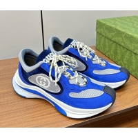 Good Quality Gucci Run Trainer Sneakers in Mesh and Suede with Interlocking G Blue 916033