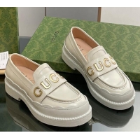 Most Popular Gucci Leather Platform Loafers with Script White 916038