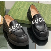 Good Looking Gucci Leather Platform Loafers with Script Black 916039