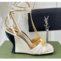 Expensive Gucci Leather High Heel Wedge Sandals 9.5cm with Tiger Hardware White 916040