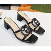 Buy Luxury Gucci Leather Heel Slide Sandals 5cm with Cutout GG Black 916044