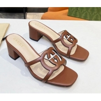 Best Price Gucci Leather Heel Slide Sandals 5cm with Cutout GG Brown 916045