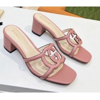 Purchase Gucci Leather Heel Slide Sandals 5cm with Cutout GG Light Pink 916046