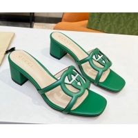 New Style Gucci Leather Heel Slide Sandals 5cm with Cutout GG Green 916047