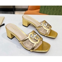 Best Quality Gucci Leather Heel Slide Sandals 5cm with Cutout GG Gold 0916048