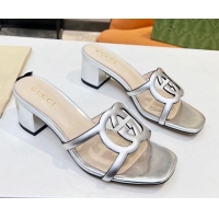 Big Discount Gucci Leather Heel Slide Sandals 5cm with Cutout GG Silver 916049