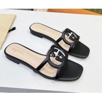 Good Product Gucci Leather Flat Slide Sandals with Cutout GG Black 916052