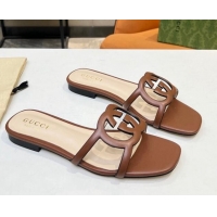 Top Sales Gucci Leather Flat Slide Sandals with Cutout GG Brown 916053