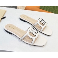 Top Quality Gucci Leather Flat Slide Sandals with Cutout GG White 916058