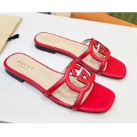 Perfect Gucci Leather Flat Slide Sandals with Cutout GG Red 916059