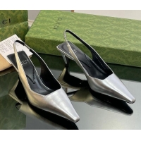 Beautiful Gucci Leather Slingback Pumps 5.5cm 764192 Silver 926110