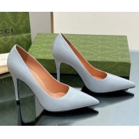 Popular Gucci Leather Pointed High heel Pumps 10.5cm with GG Light Blue 1012001