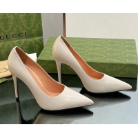 AAAAA Gucci Leather Pointed High heel Pumps 10.5cm with GG White 1012002