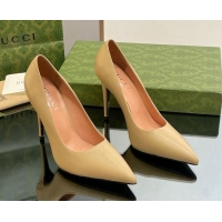 Top Quality Gucci Leather Pointed High heel Pumps 10.5cm with GG Yellow 1012004