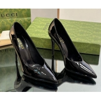 Super Quality Gucci Patent Leather Pointed High heel Pumps 10.5cm with GG Black 012005