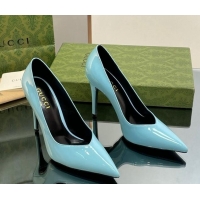 Duplicate Gucci Patent Leather Pointed High heel Pumps 10.5cm with GG Light Blue 1012007