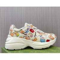 Buy Luxury Kawaii x Gucci Animal Printed Leather Rhyton Sneakers White 1012034