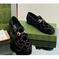 Good Quality Gucci Jordaan GG Velvet Loafers with Crystals Black 012058