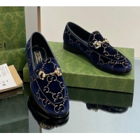 Lower Price Gucci Jordaan GG Velvet Loafers with Crystals Navy Blue 012059