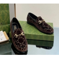 Charming Gucci Jordaan GG Velvet Loafers with Crystals Brown 012060