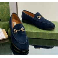 Grade Quality Gucci Jordaan Suede Loafers with Crystals Dark Blue 012064