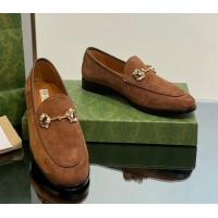 Good Quality Gucci Jordaan Suede Loafers with Crystals Dark Brown 012067