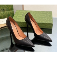 Classic Hot Gucci Leather Pointed High heel Pumps 10.5cm with GG Black 012069