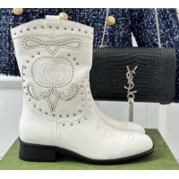 Best Grade Gucci Leather Ankle Boots 3cm with Double G and Studs White 012071