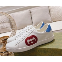 Shop Duplicate Gucci Ace Leather Sneakers with Interlocking G White/Red 012081