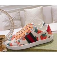 Best Grade Gucci Ace Leather Sneakers Strawberry Print White 012093