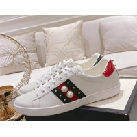 Comfortable Gucci Ace Leather Sneakers with Pearls Web White 012094