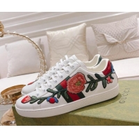 Luxurious Gucci Ace Leather Sneakers Flora White 012099