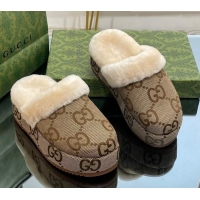 Unique Style Gucci Jumbo GG Canvas and Wool Platform Mules 5.5cm Camel 014047