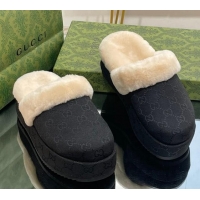 Good Quality Gucci GG Canvas and Wool Platform Mules 5.5cm Black 014049