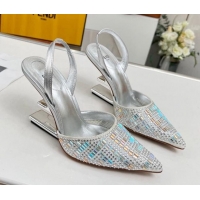 Good Taste Fendi First High Heel Slingback Pumps 9.5cm in Crystals Silver 0703121