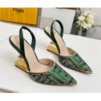 Cheap Design Fendi First High Heel Slingback Pumps 9.5cm in Crystals Green 703123