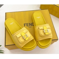 Lower Price Fendi Baguette Pouch Fabric Flat Slide Sandals Yellow 703127