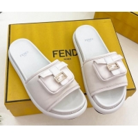 Promotional Fendi Baguette Pouch Fabric Flat Slide Sandals White 703129