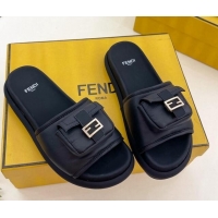 Elegant Fendi Baguette Pouch Fabric Flat Slide Sandals Black 703130