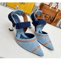 Most Popular Fendi Colibri High-heeled Slingbacks Pumps 8cm in Denim with Embroidery Blue 711032