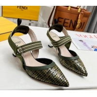 Unique Discount Fendi Colibrì Slingback Pumps 5.5cm in FF Mesh with Sequins Green/Nude 804090