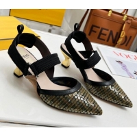 Top Grade Fendi Colibrì Slingback Pumps 5.5cm in FF Mesh with Sequins Green/Black 804092